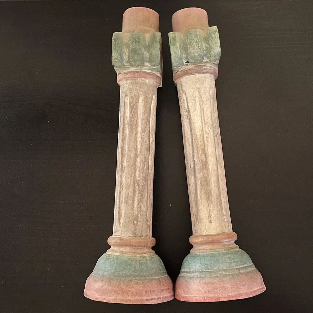 Pier 1 Aztec‎ Pillar Candlesticks Set Southwest Wooden Carved Pastel Decor